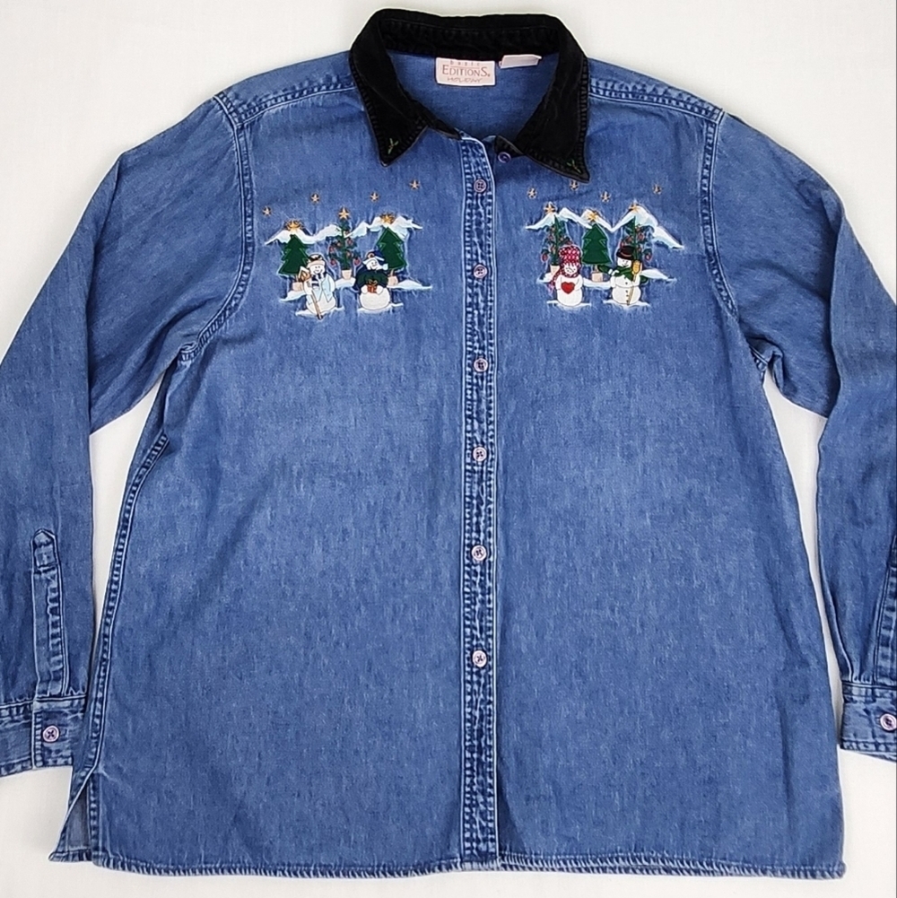 Vintage Basic Edition Holiday Christmas Holiday Snowman Family Denim Button Down